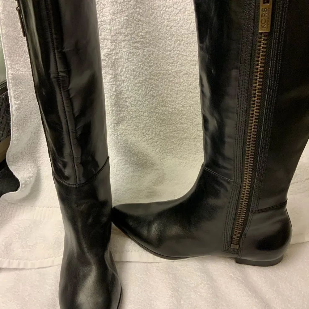 New KORS Michael Kors Womens Leather Pull On Mid Calf Boots Black Size 8 Medium
